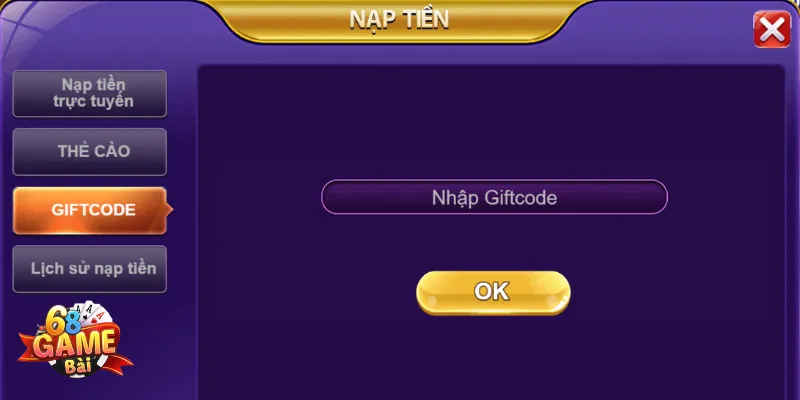 Người chơi có thể nhập code Tài xỉu tại mục “NẠP TIỀN” của cổng game